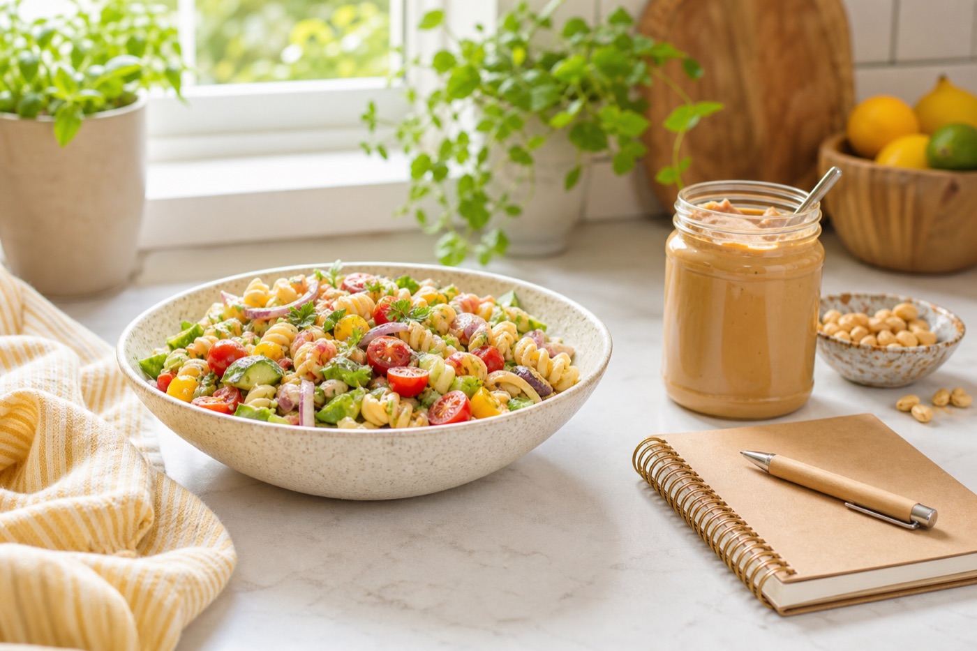 A bright kitchen counter with a bowl of pasta salad, a jar of peanut butter and a small notebook