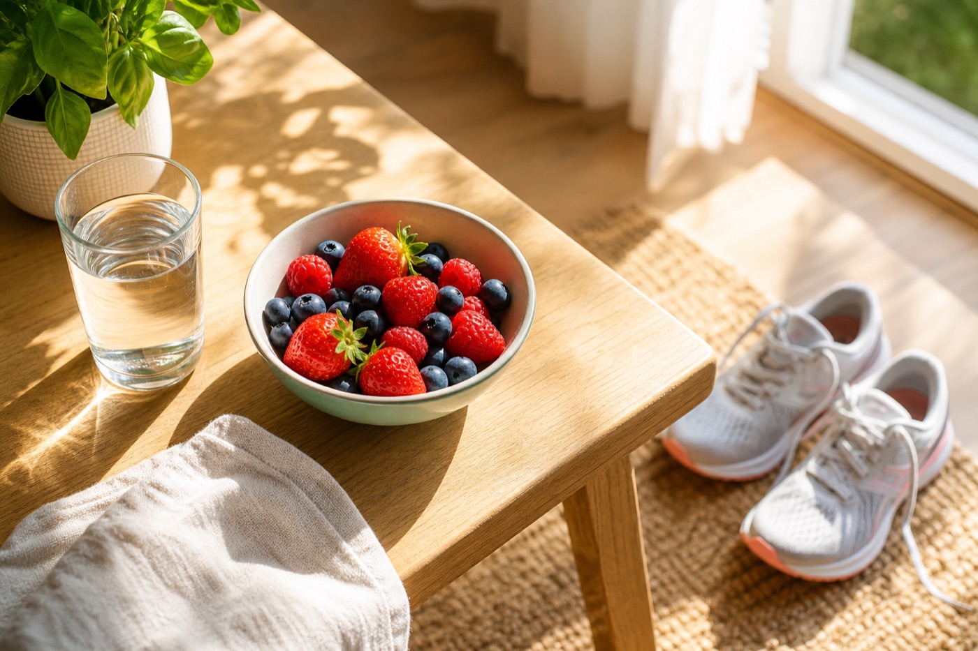 A sunlit table with a bowl of berries, a glass of water and a pair of running shoes on the floor nearby