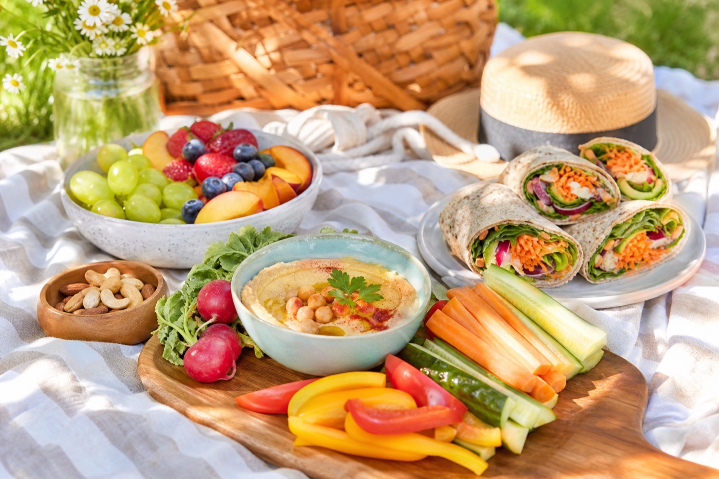 A picnic blanket with a colorful lunch of wraps, fruit, hummus and vegetables
