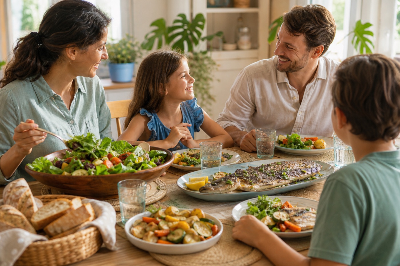 A family dinner table with a big green salad, roasted vegetables, grilled fish and a basket of bread