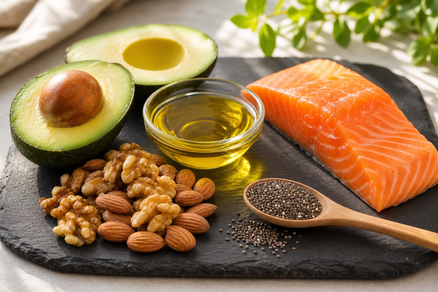 A halved avocado, a small glass bowl of olive oil, a pile of walnuts and almonds, a spoonful of chia seeds and a raw salmon fillet arranged on a slate board