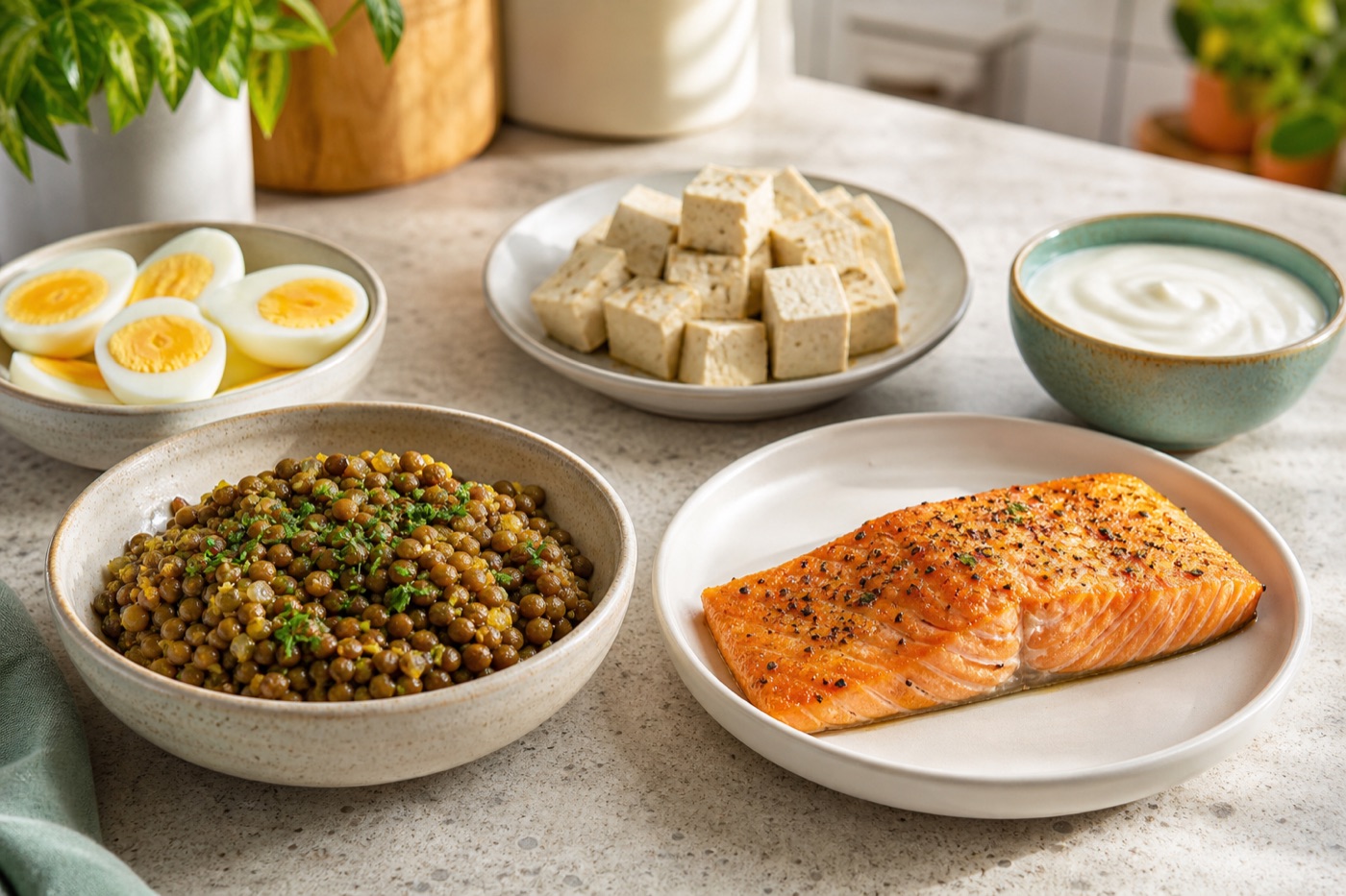 A spread of protein foods on a kitchen counter: a bowl of cooked lentils, boiled eggs, cubes of tofu, a fillet of baked salmon and a small dish of plain yogurt