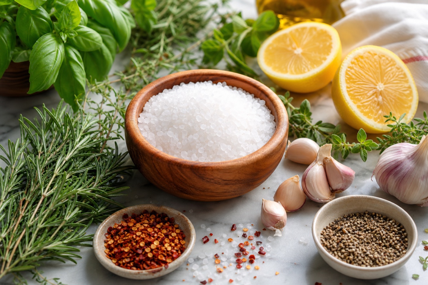 A small wooden bowl of coarse salt surrounded by fresh herbs, garlic cloves, lemon halves, chili flakes and a dish of black pepper on a marble counter