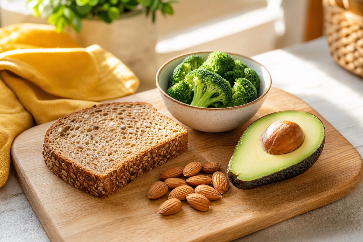 A cutting board holding a slice of seeded whole-grain bread, a small bowl of steamed broccoli florets, a handful of almonds and half an avocado