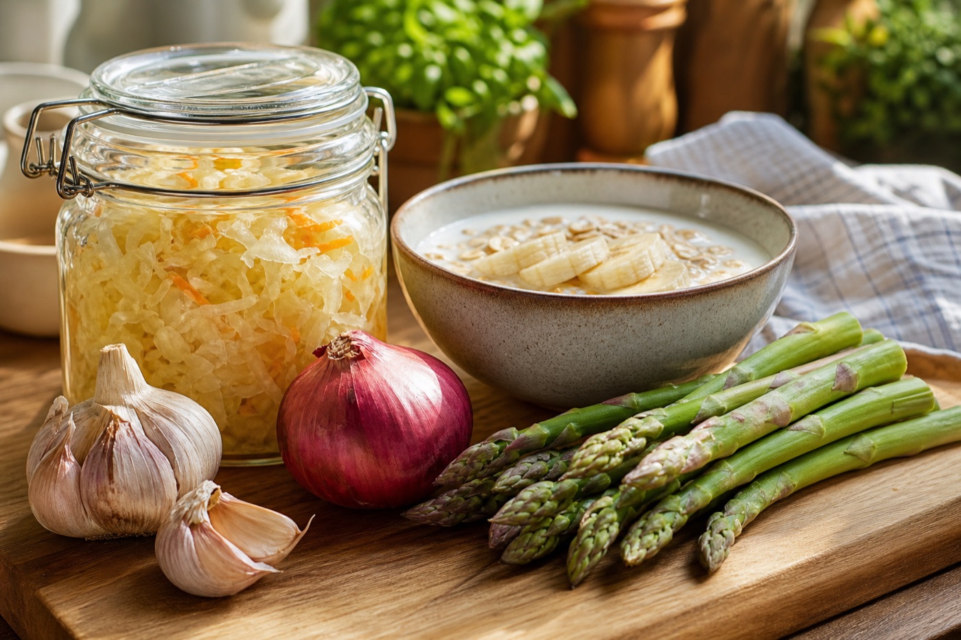 A glass jar of homemade sauerkraut, a bowl of kefir with oats and sliced banana, a bulb of garlic, a red onion and a bunch of asparagus on a wooden board