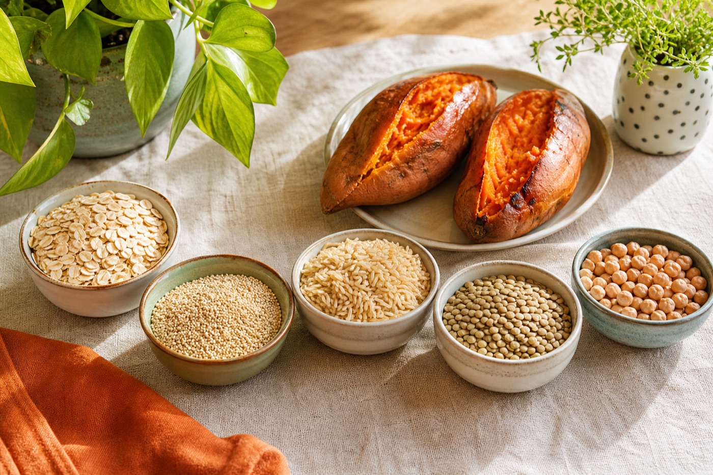 Small ceramic bowls of uncooked oats, quinoa, brown rice, dried lentils and chickpeas arranged in a row beside two roasted sweet potatoes on a linen cloth