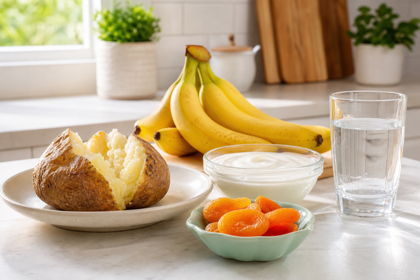A baked potato split open, a bunch of bananas, a bowl of plain yogurt, a dish of dried apricots and a glass of water on a bright kitchen counter
