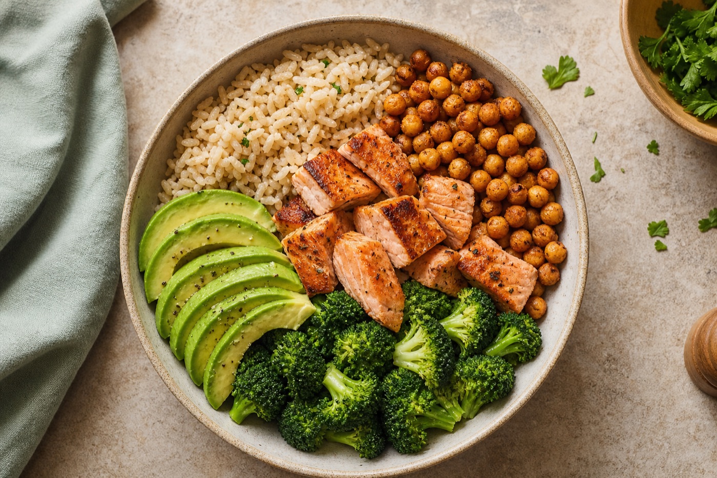 A grain bowl divided into sections of brown rice, roasted chickpeas, grilled salmon, sliced avocado and steamed broccoli, photographed from above on a stone counter