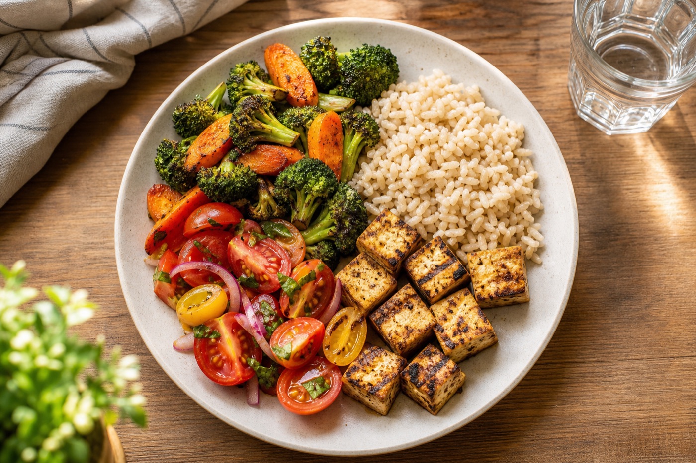 A round dinner plate seen from above, half filled with roasted broccoli, carrots and a tomato salad, one quarter with brown rice and one quarter with grilled tofu, next to a glass of water