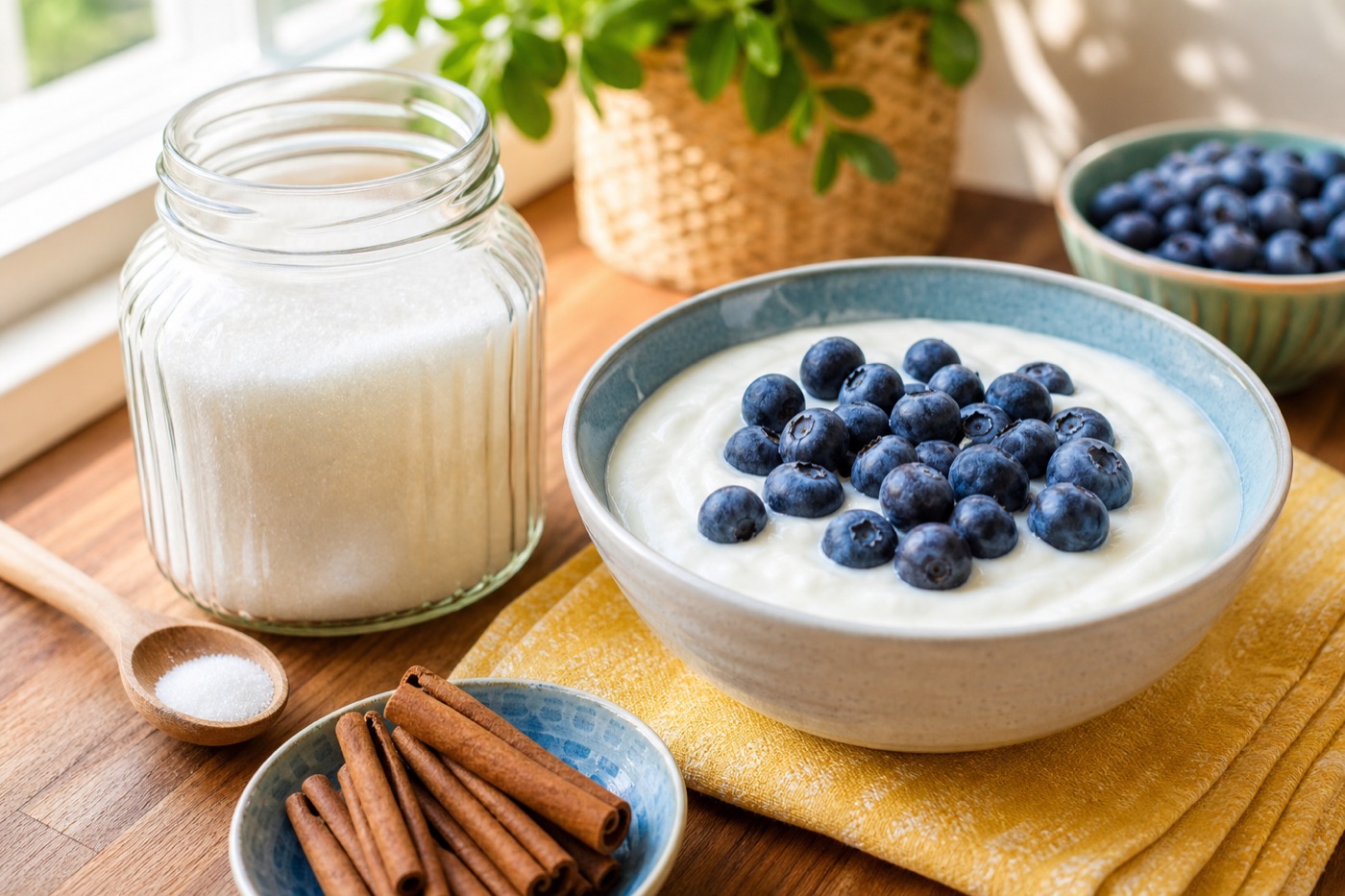 A glass jar of white sugar with a wooden spoon next to a bowl of plain yogurt topped with fresh blueberries and a small dish of cinnamon sticks