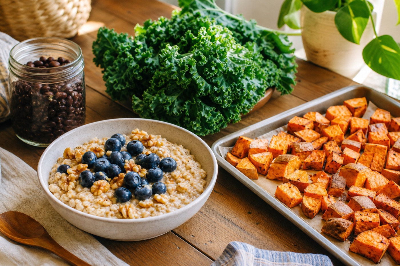 A wooden table with a bowl of oats topped with blueberries and walnuts, a tray of roasted sweet potatoes, a bunch of kale and a jar of cooked black beans
