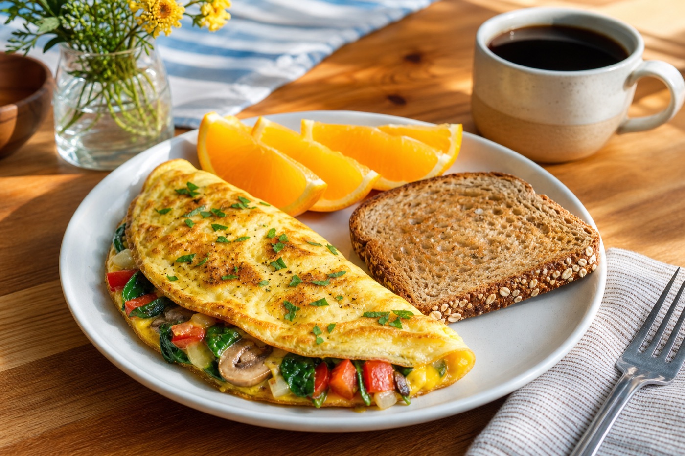 A late-morning brunch plate with a vegetable omelet, a slice of whole-grain toast and orange segments, beside a cup of black coffee on a wooden table