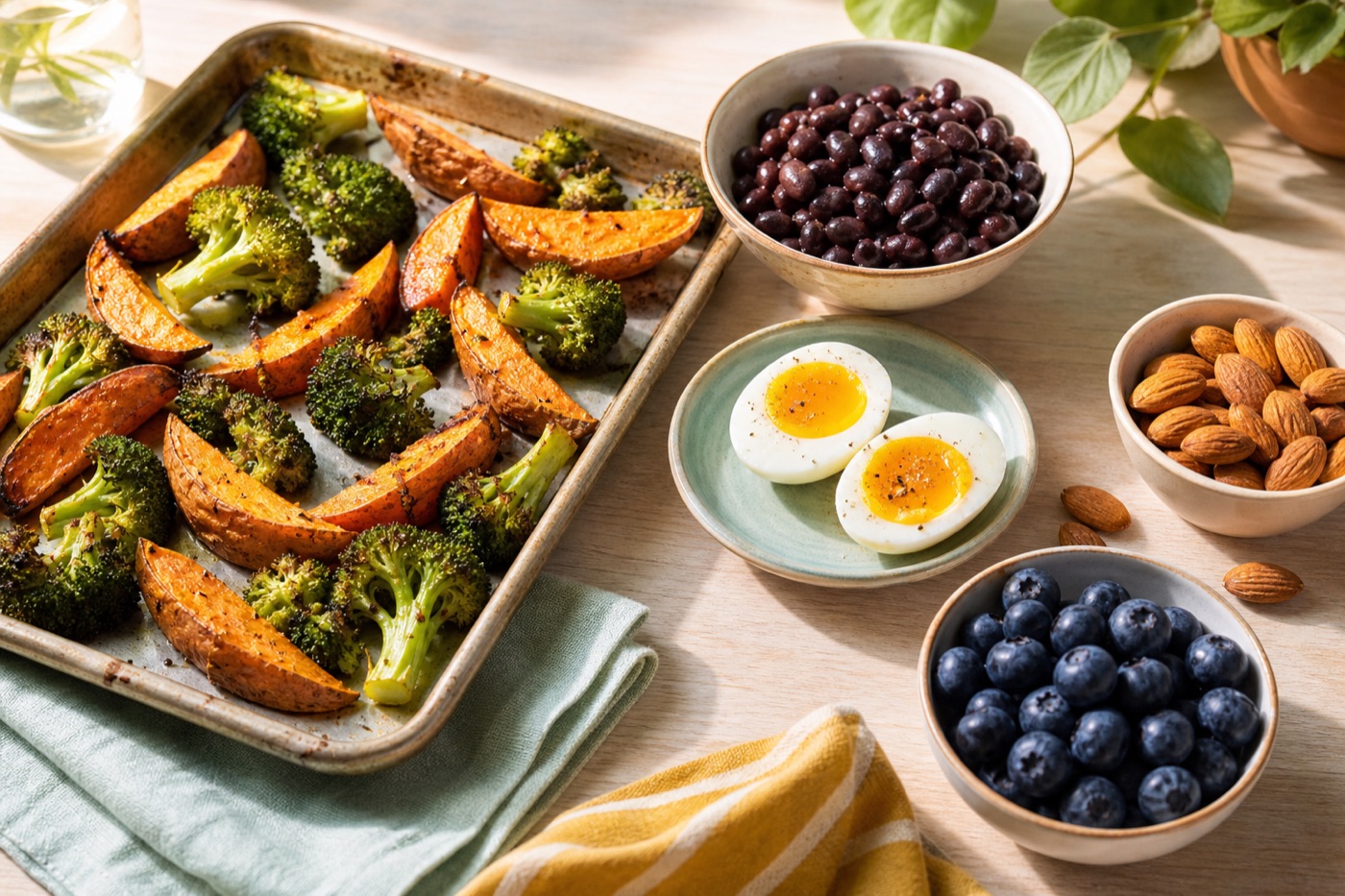 A sheet pan of roasted sweet potato wedges and broccoli next to a bowl of black beans, two soft-boiled eggs, a handful of almonds and a bowl of blueberries