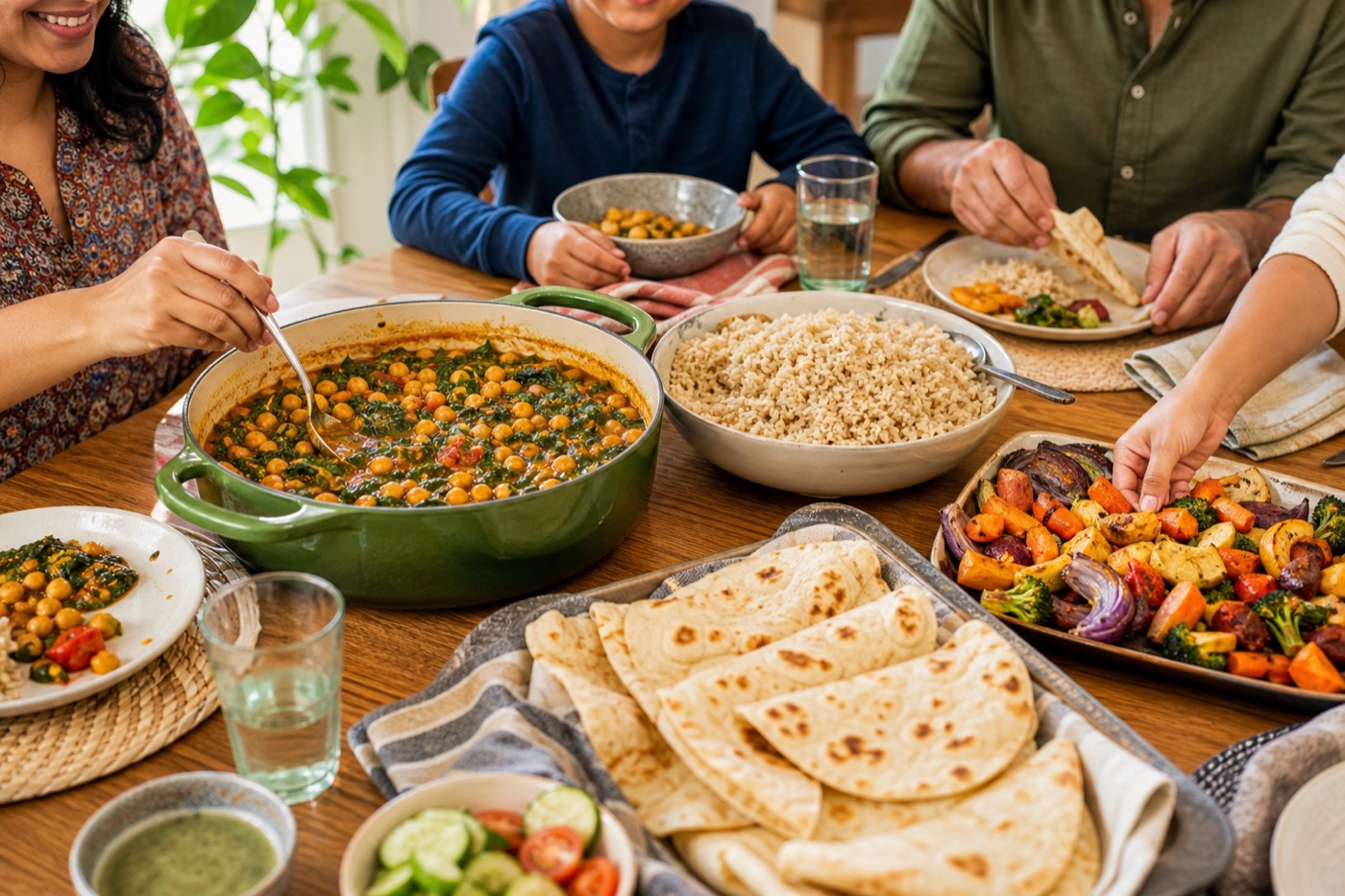 A family-style table with a large pot of chickpea and spinach curry, a bowl of brown rice, a platter of roasted vegetables and a tray of warm flatbreads
