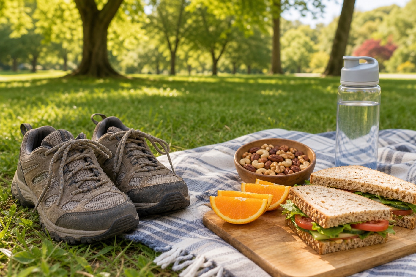 A pair of worn walking shoes beside a picnic blanket set with whole-grain sandwiches, sliced oranges, a bowl of mixed nuts and a water bottle in a sunny park