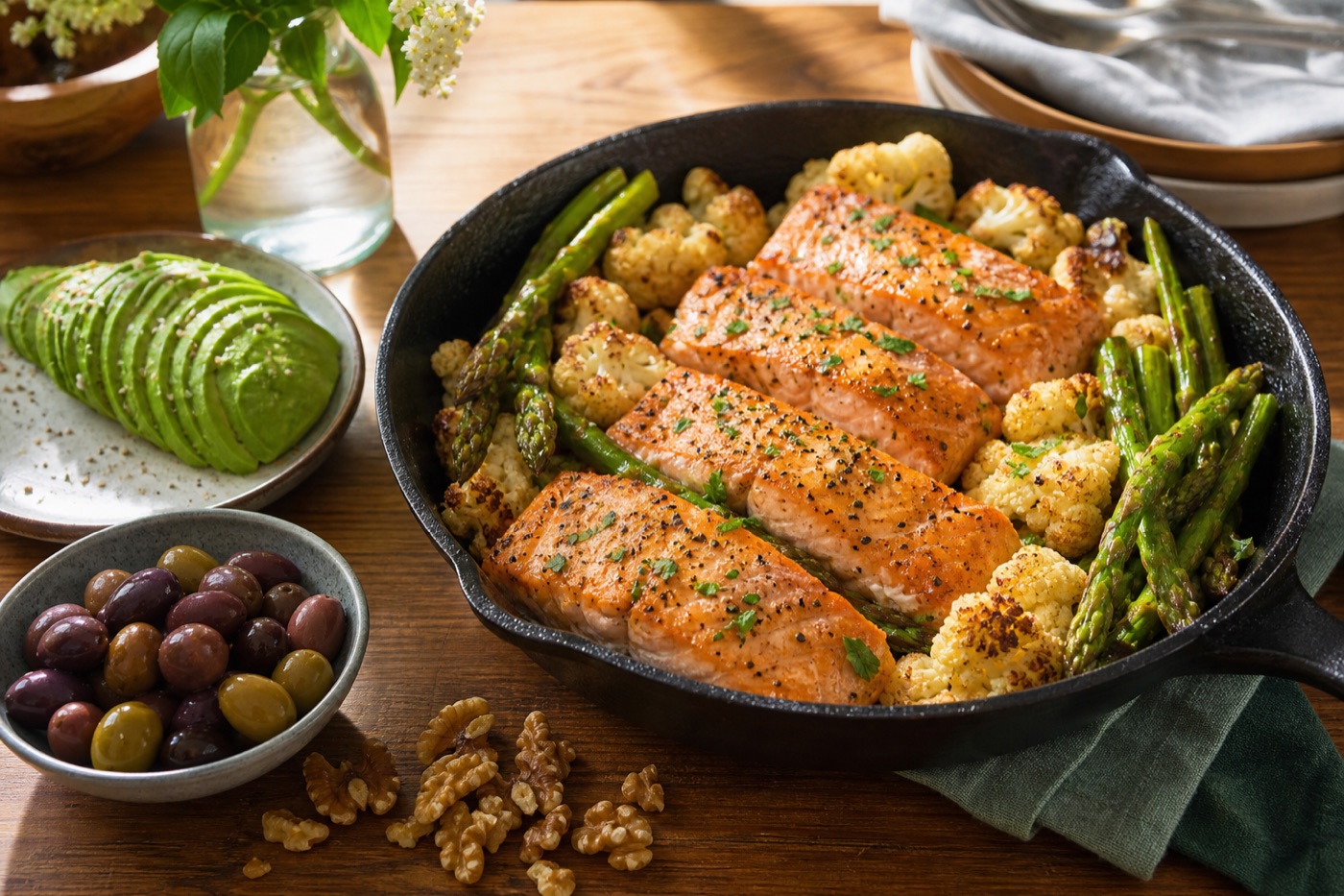 A skillet of salmon fillets with roasted cauliflower and asparagus, beside a sliced avocado, a small bowl of olives and a handful of walnuts on a wooden table