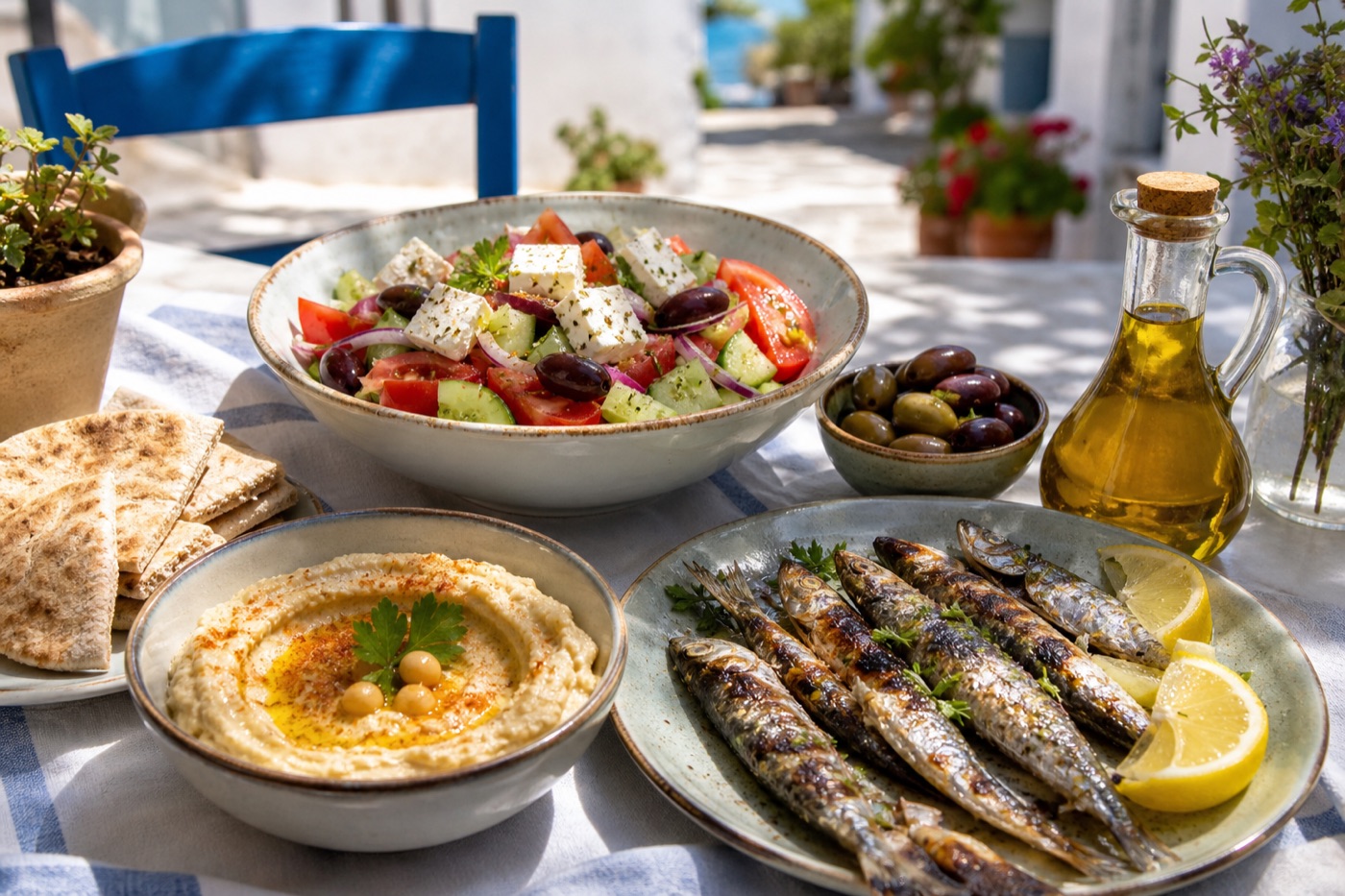 An outdoor table set with a bowl of Greek salad, grilled sardines with lemon wedges, a dish of hummus, whole-wheat pita, olives and a small bottle of olive oil